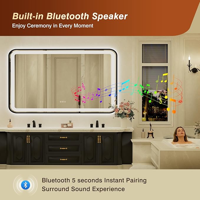 32x55 Inch Black Framed LED Bathroom Mirror