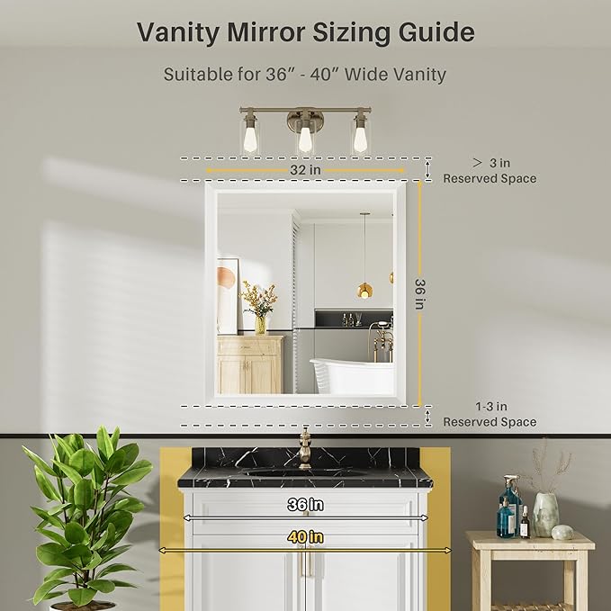 36x32 Inch White Bathroom Mirror