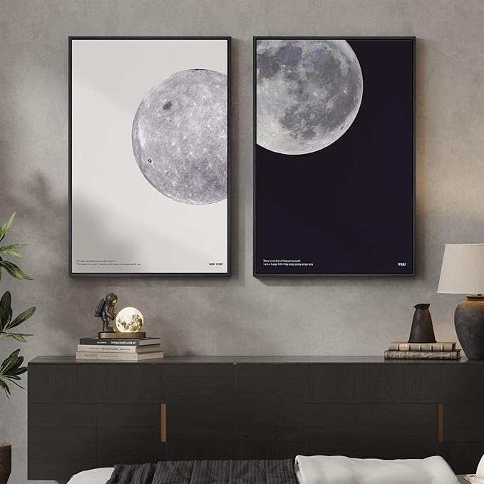 Large Framed Black and White Moon Wall Art, 2 Piece the Moon Canvas Art Prints
