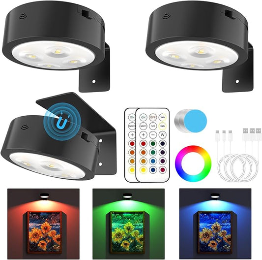 3 Pack Picture Lights for Wall, 13 RGB Color Rechargeable Battery Operated wall