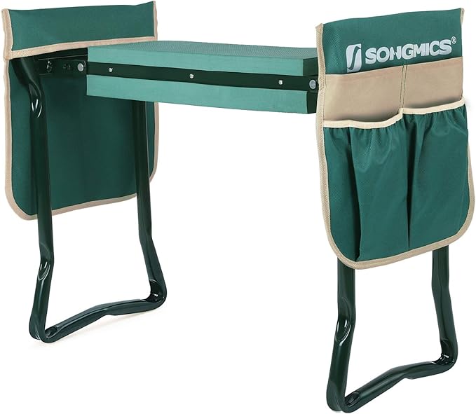 SONGMICS Garden Kneeler and Seat, Multifunctional Garden Kneeling Bench, Gardening Gifts for Women Men, Folding Gardening Stool, with 2 Tool Bags, 6-Inch Wide Kneeling Pad, Dark Green UGGK50L