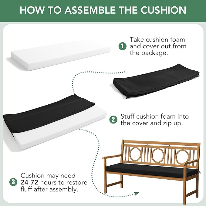 Summsun Outdoor Bench Cushion: Waterproof and Fade Resistant Patio Furniture Cushions - Non-Slip Bench Pad Cushion with Removable Cover for Garden Swing Porch Sofa Settee, 48 x 18 x 3 Inch, Black