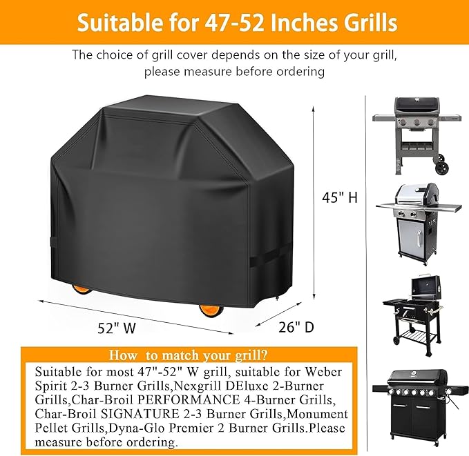 Aoretic Grill Cover 52 inches Gas-BBQ Grill Cover, Waterproof,Anti-UV Material with Hook-and-Loop Straps & Adjustable Hem Drawstring for Weber Nexgrill Char-Broil Monument Dyna-Glo