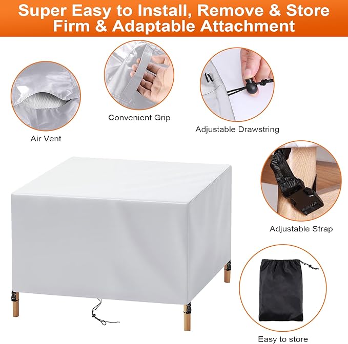 Patio Furniture Cover Rectangle 108"(L) x 56"(W) x 32"(H), Custom Heavy Duty 420D Waterproof Outdoor Cover with Drawstring & Buckles for Table Chair Garden, Silver