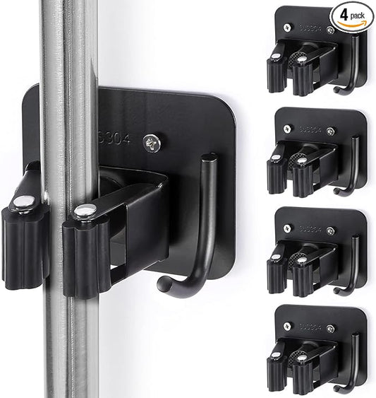Stainless Steel Broom Holder, Heavy Duty, Rust Resistant, 4 Gripper Positions with 4 Hooks, Black
