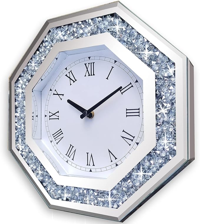 Wall Clock, Octagon Mirror Glass Clock, Cute Diamond 20-inch Non-Ticking Clock