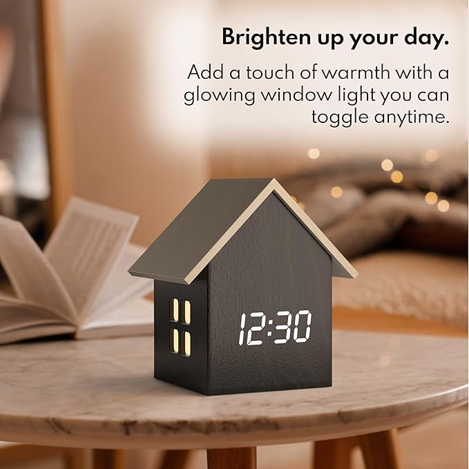 Driini Digital House Shaped Alarm Clock with Temperature Display (Dark Wood) – Modern Aesthetic with Cute Cube Frame and White LED Dimmer - Perfect Small Desk Clock for Bedside Table or Bedroom Mantle