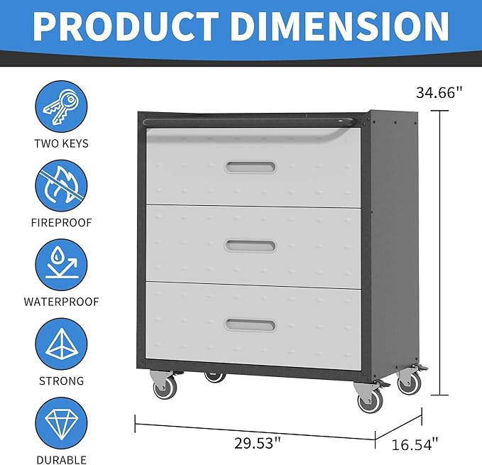 Metal Storage Cabinet with Wheels, Rolling Tool Cabinet, Garage Storage Cabinet