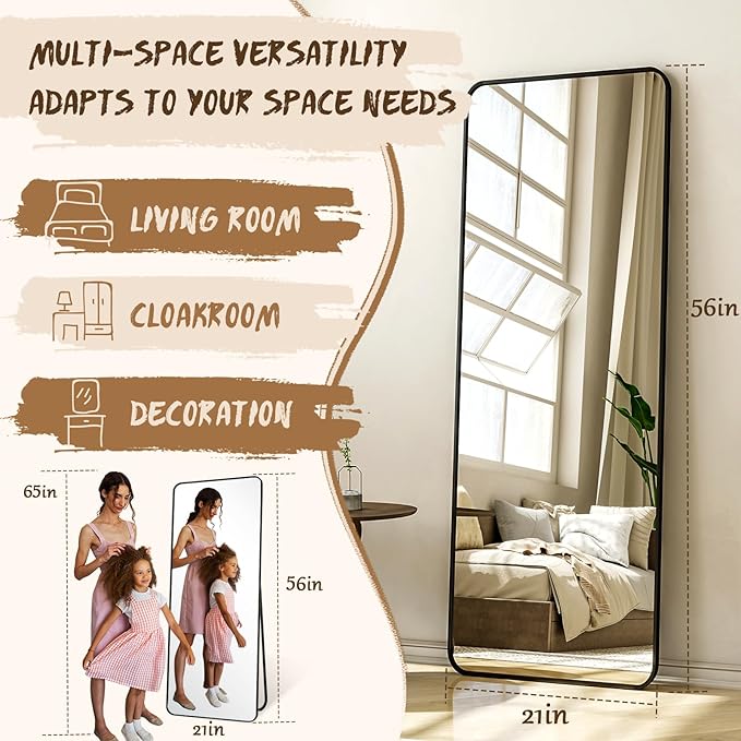 XRAMFY 56"x21" Floor Full Length Mirror Standing Full Body Rounded Corner