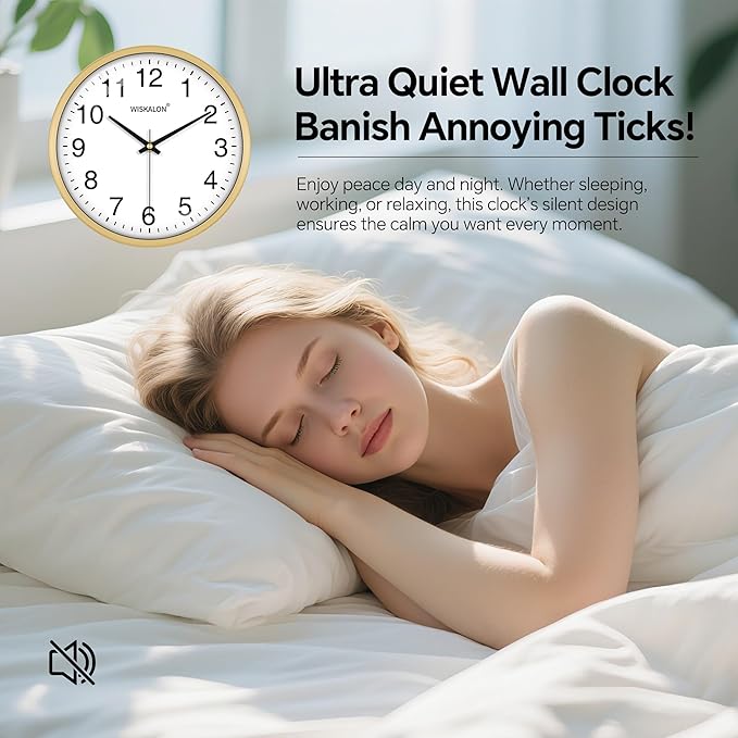 WISKALON 10 inch Wall Clock, Silent Non-Ticking Elegant Golden Frame Clock