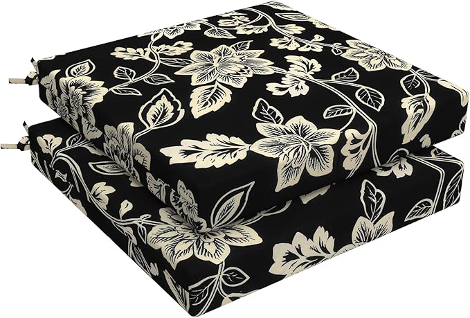 LVTXIII Outdoor Seat Cushions Seasonal Replacement Chair Cushions, Patio Chair Pads with Ties for Dining Chairs and Garden Furniture, Square Back, 22"x22"x3", 2 Pack, Elegant Vines Black
