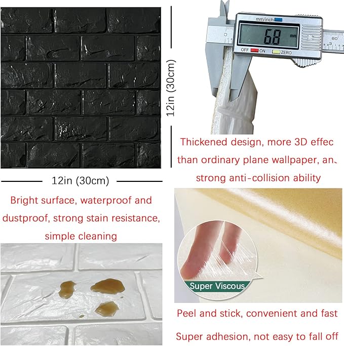 YU LI 3DH 3D Wall Panels Peel and Stick 11PCS Black Foam Brick Wallpaper