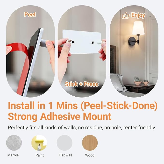 Peel and Stick Wall Sconces, Stick On Wall Sconce Set of 2, Battery Operated