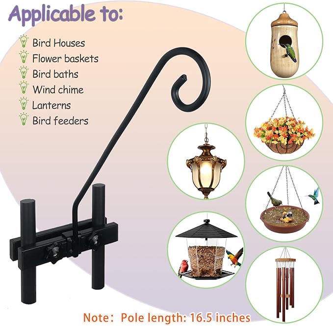 Deck Hook Rail Suitable for Hanging Flower Baskets Wind Chimes Planters Bird Feeders Lights, Heavy Duty Fence Deck Hook Rail Holds up to 15lbs with Ease Note: Pole Length: 16.5 inches