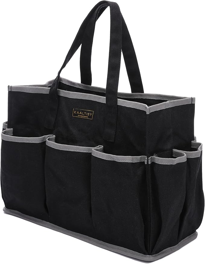 Canvas Tool Tote Bag, Heavy Duty 16oz Waxed Canvas Tool Storage Pouch with 1 Large Compartment & 10 Small Pockets | Multi-Purpose Garden Tool Bag for Horticulturists Mechanics Craftsmen â Black