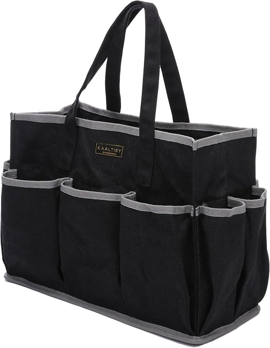 Canvas Tool Tote Bag, Heavy Duty 16oz Waxed Canvas Tool Storage Pouch with 1 Large Compartment & 10 Small Pockets | Multi-Purpose Garden Tool Bag for Horticulturists Mechanics Craftsmen â Black