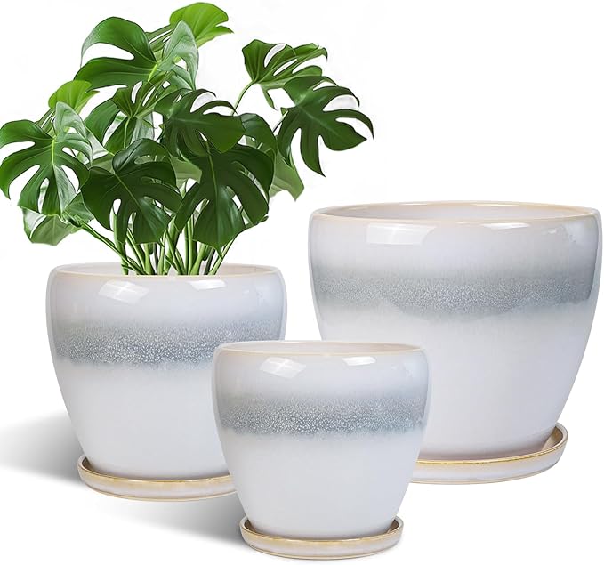 Ceramic Plant Pots - Modern Round 10 Inch 8 Inch 6 Inch Planters for Indoor Outdoor, Flower Pots with Drainage Holes and Plant Saucers, Home Decor, Plant Lover Gifts, Set of 3, White-Grey