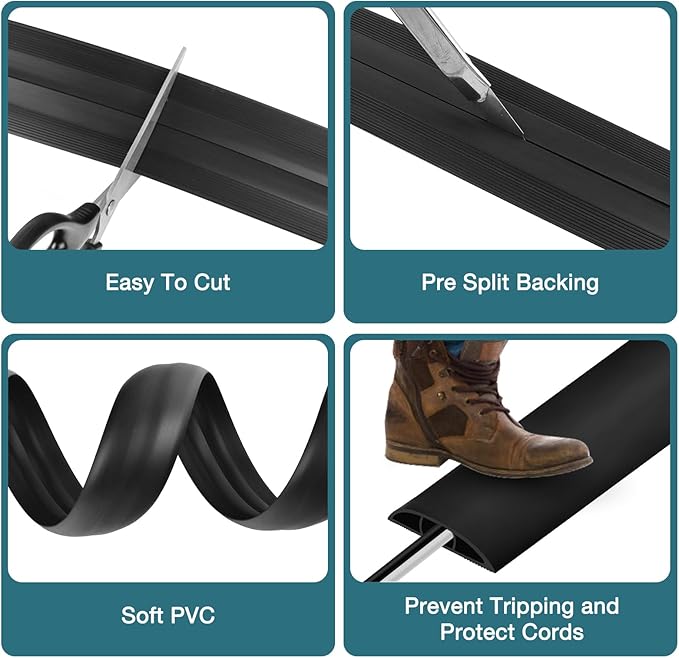 Floor Cord Cover, Cable Protector, 0.63W x 0.31H inches, Wire Cover for Extension Cords, Floor Cable Covers Prevent Cable Trips (Black, 50-3 Feet)