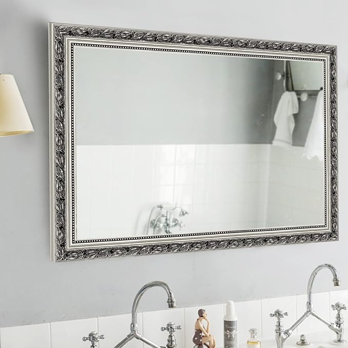 HA Bathroom Mirrors 40x24 Inch for Wall, Rectangle Silver Frame Wall Mounted