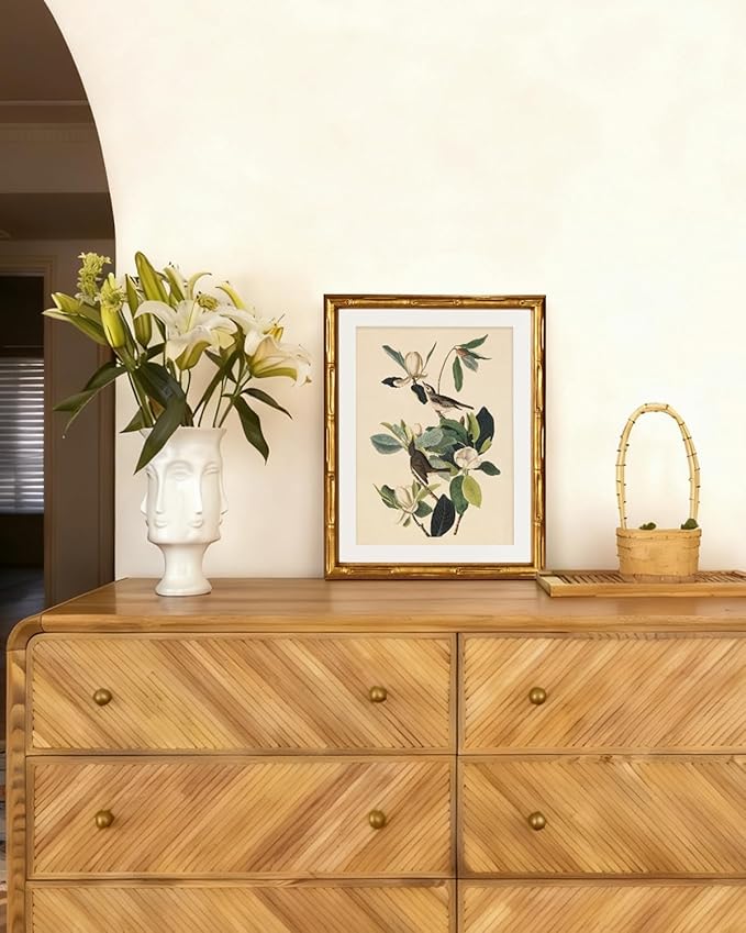 InSimSea Gold Bamboo Framed Canvas Wall Art, Neutral Bird Botanical Paintings