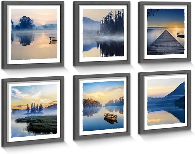 Framed Lake Scenery Wall Art: Calming Forest Fog Print Pictures Relaxing Nature Landscape Painting Contemporary Frames Mountain Tree Artwork 6 Pieces Sunset Picture for Bedroom Living Room