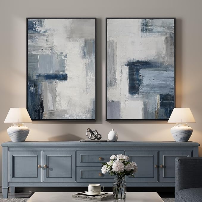 Large Framed Blue Gray Abstract Wall Art Set of 2, Modern Canvas Artwork