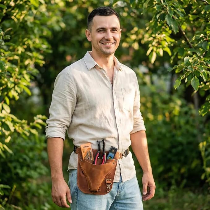 Leather Florist Tool Belt – Garden Tool Pouch with Adjustable Belt, Genuine Leather Gardening Waist Bag for Florists & Gardeners, Utility Floral Tool Holder, Warm Brown