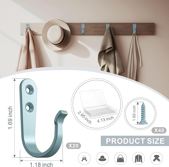 BREYDROK 20PCS Heavy Duty Metal Wall Hooks, Coat Hooks
