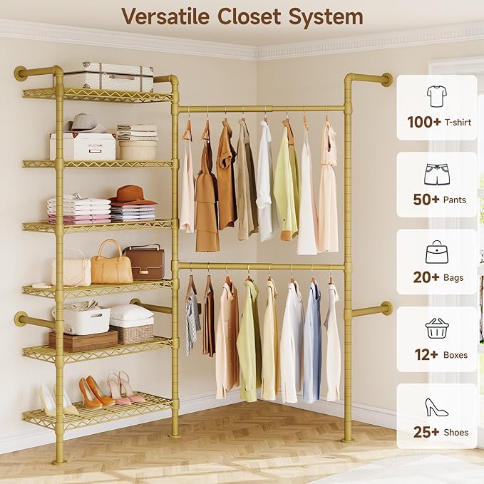 L2 Wall Mounted Closet System, Industrial Pipe Clothing Rack Clothes Racks