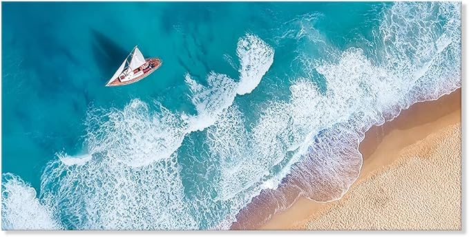 Goldfoilart Blue Ocean Sea Beach Canvas Wall Art Sailboat Painting Print on