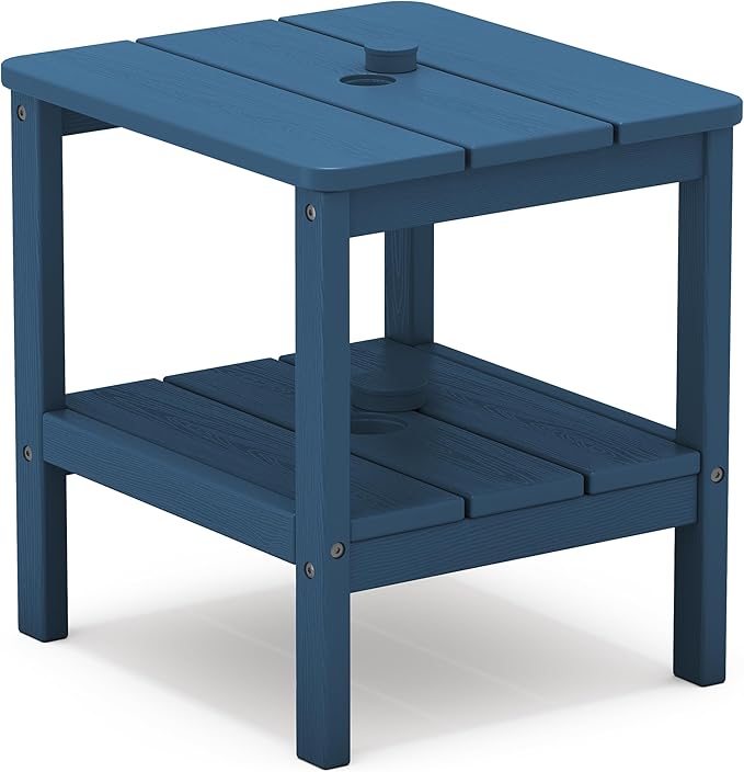 SERWALL 2-Tier HDPE Outdoor Side Table, Weatherproof Rectangular Adirondack Side Table, Blue