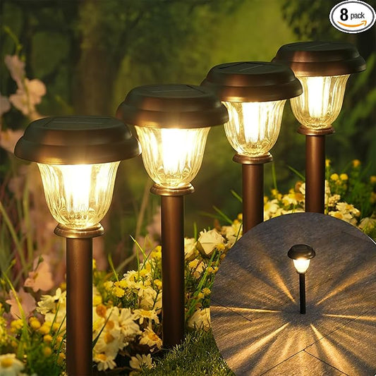 DERAYSION 8 Pack Solar Lights Outdoor, Stainless Steel Glass Solar Pathway Lights, Auto On/Off Long-Lasting Waterproof Garden Lights for Landscape, Path, Yard, Driveway, Walkway Decor (Warm White)