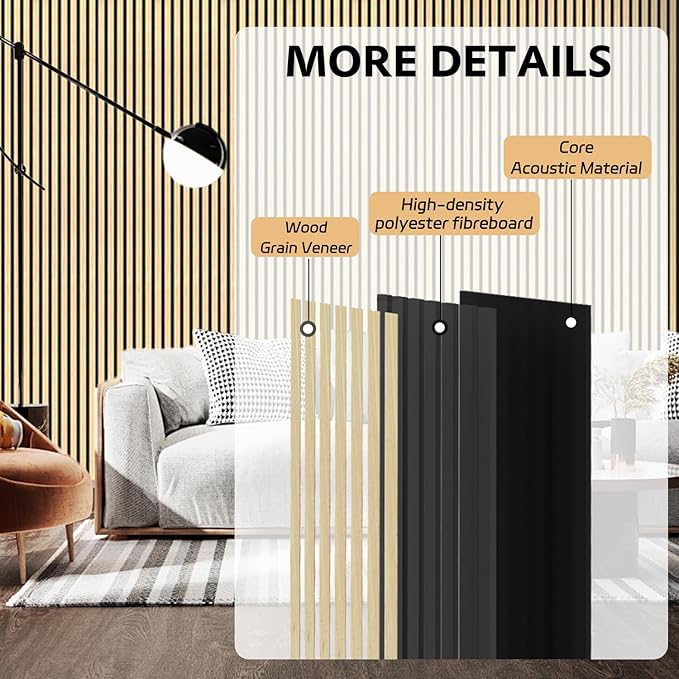 2 Pack Wood Panels for Wall, 106.3" × 11" Wood Slat Acoustic Panels for Wall