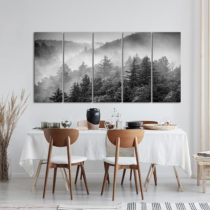 iKNOW FOTO 5-Piece X-Large Canvas Wall Art Set Black and White Misty Forest &