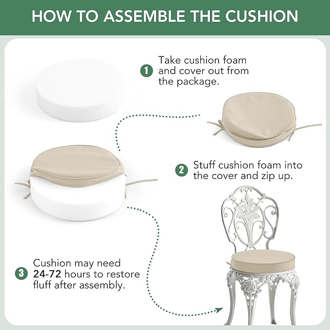 Summsun Outdoor Bistro Chair Cushions Set of 4, 15" D x 3" H Round Chair Cushions Waterproof and Fade Resistant Chair Cushion Pads with Non-Slip Ties and Removable Covers for Garden, Cream
