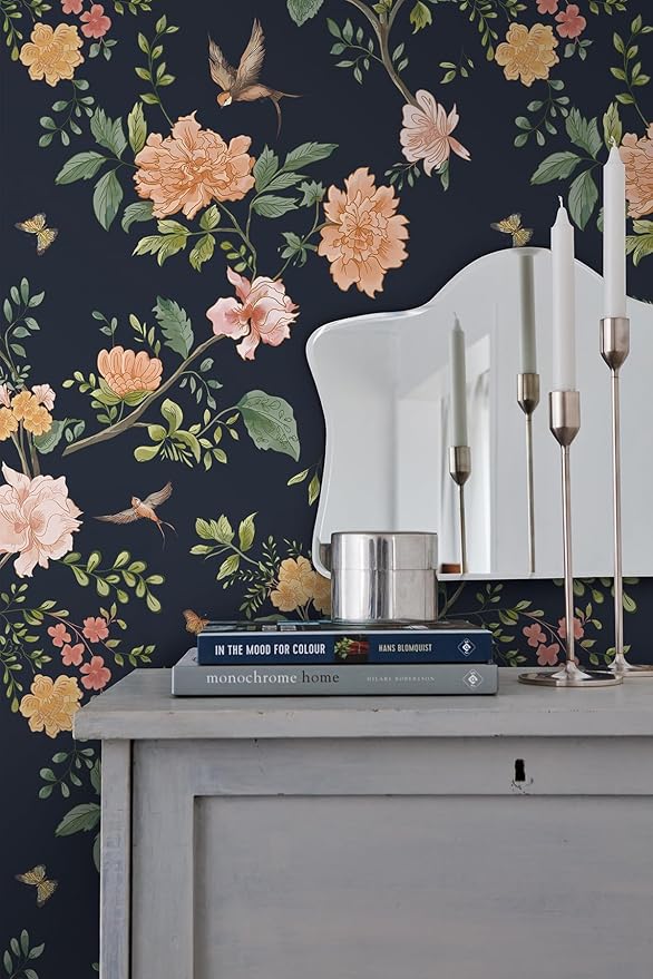 Froluya Dark Blue Floral Peel and Stick Wallpaper Vintage Floral Contact Paper