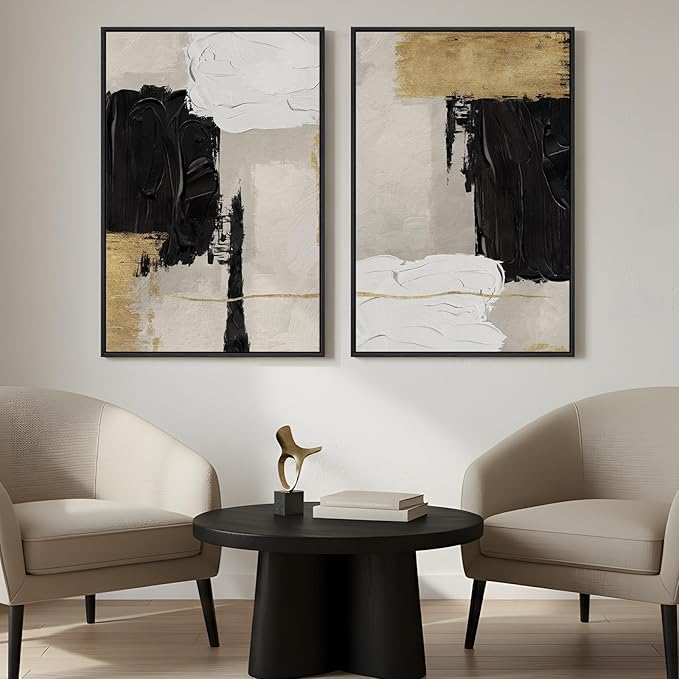 Framed Black White and Gold Abstract Wall Art