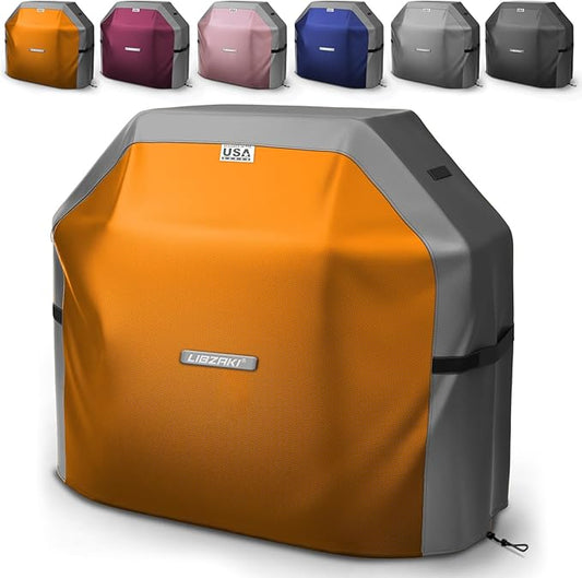 LIBZAKI Grill Cover 420D Waterproof, Weather Resistant, Rip-Proof, Anti-UV, Fade Resistant,Gas Grill Cover for Weber,Char Broil,Nexgrill Grills, etc.48 inches-Gray/Orange