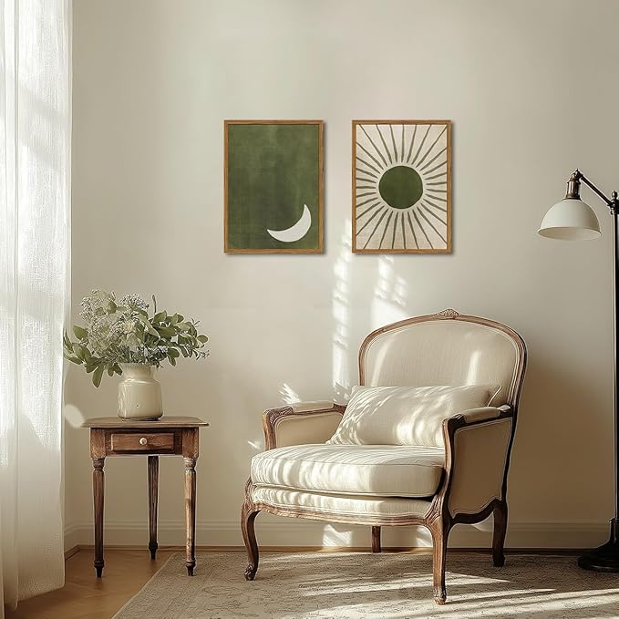 Framed Boho Sun and Moon Canvas Wall Art Set of 2, Vintage Sage Green Bohemian