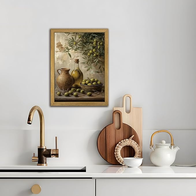 Wood Framed Olive Kitchen Wall Art, Vintage Rustic Still Life Canvas Print