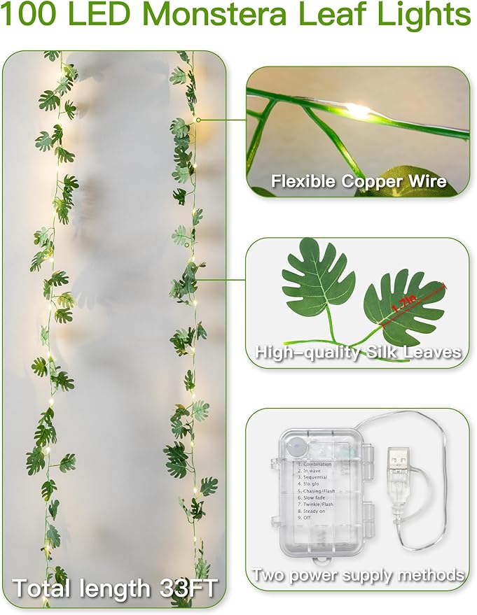 suddus Vines with Fairy Lights Battery & USB Powered Operated, 33ft 100 LED