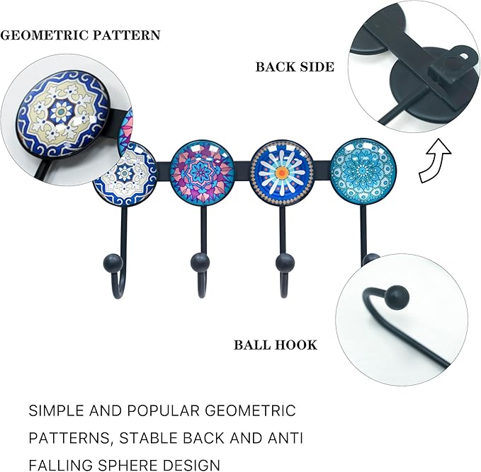 Coat Rack Wall Mounted with 4 Hooks, Round Blue Pattern Decorative Wall Hooks