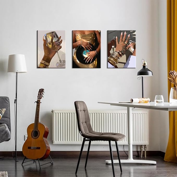 Black Girl wall Art Set of 3, African American Woman Wall Decor Fashion Gold