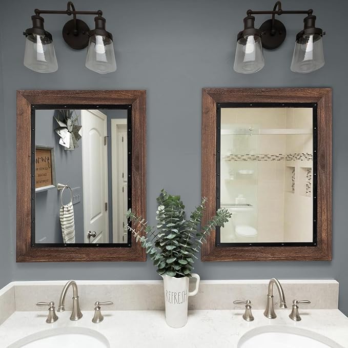 YOSHOOT Rustic Wooden Framed Wall Mirror, Natural Wood and Iron Bathroom Vanity