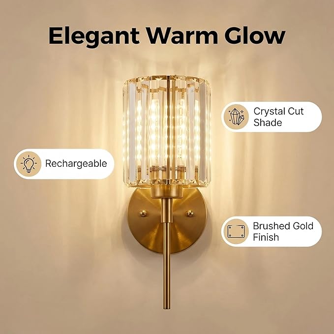 Gold Crystal Wall Sconce Battery Operated and Rechargeable Wall Light