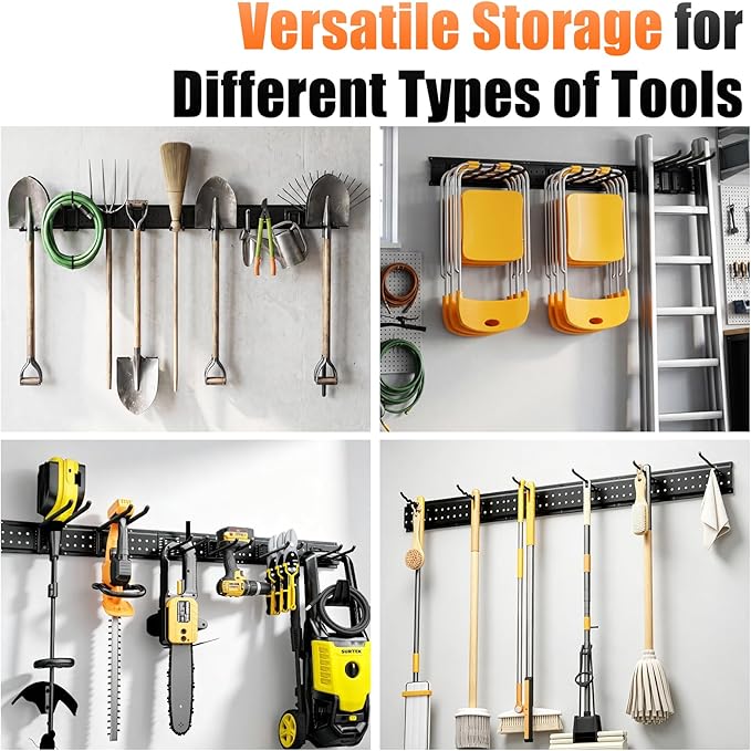 Garage Tool Organizer Wall Mount 66 inches with 13 Adjustable Heavy-Duty Hooks, Garage Organization, Garden Tool Storage Rack for Garage, Yard, and Shed, Holds Up to 520 lbs