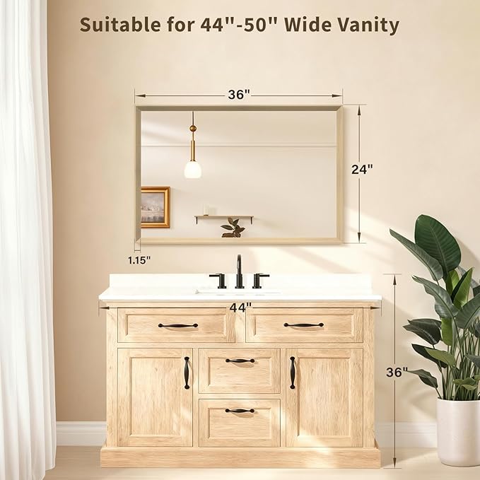 Oak Wood Effect Framed Wall Mirror, 24x36 Rectangle Mirror, Anti-desilvering