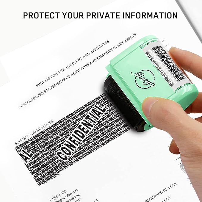 Miseyo Identity Theft Protection Roller Stamp Set - Mint Green (6 Refill Ink Incleded)