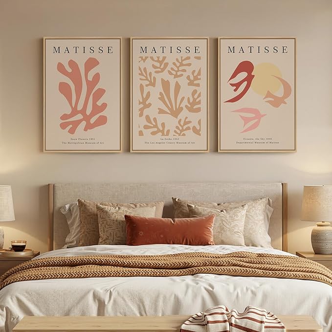 Framed Large Matisse Abstract Wall Art Set of 3, Vintage Neutral Pink Floral