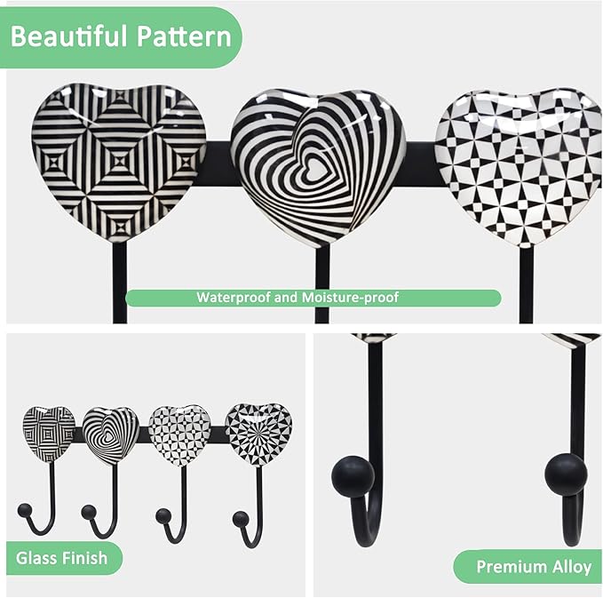 Coat Rack Wall Mounted with 4 Hooks, Heart Geometric Pattern Decorative Wall